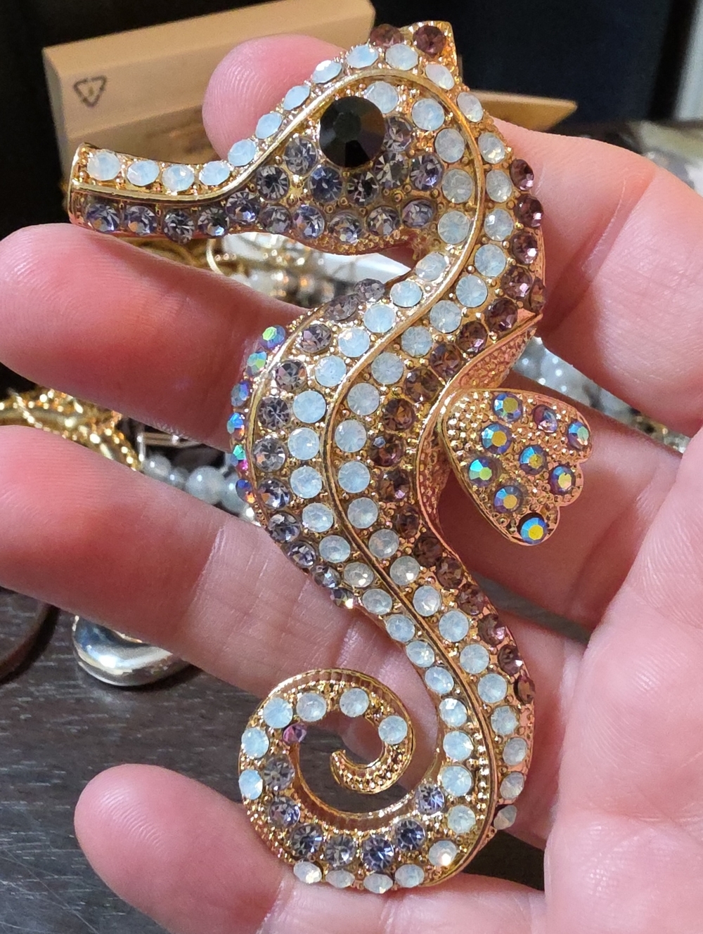 A182- Gold-tone Seahorse Crystal Brooch/ Pendant Combo